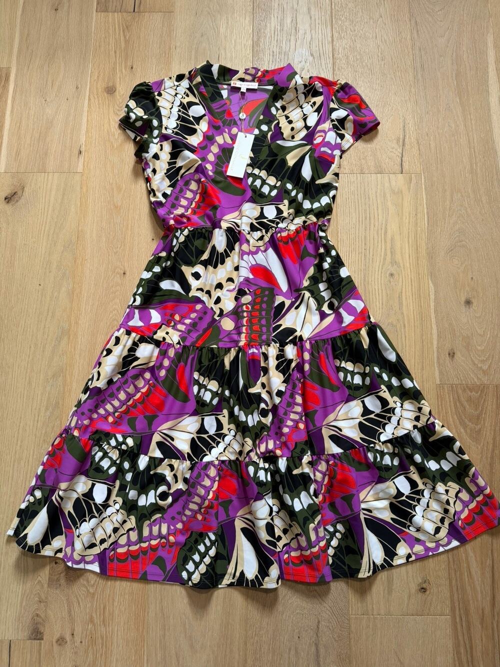 NWT Jude Connally Portia Tier Midi Dress Butterfly Mosaic M Flounce Hem Whimsi